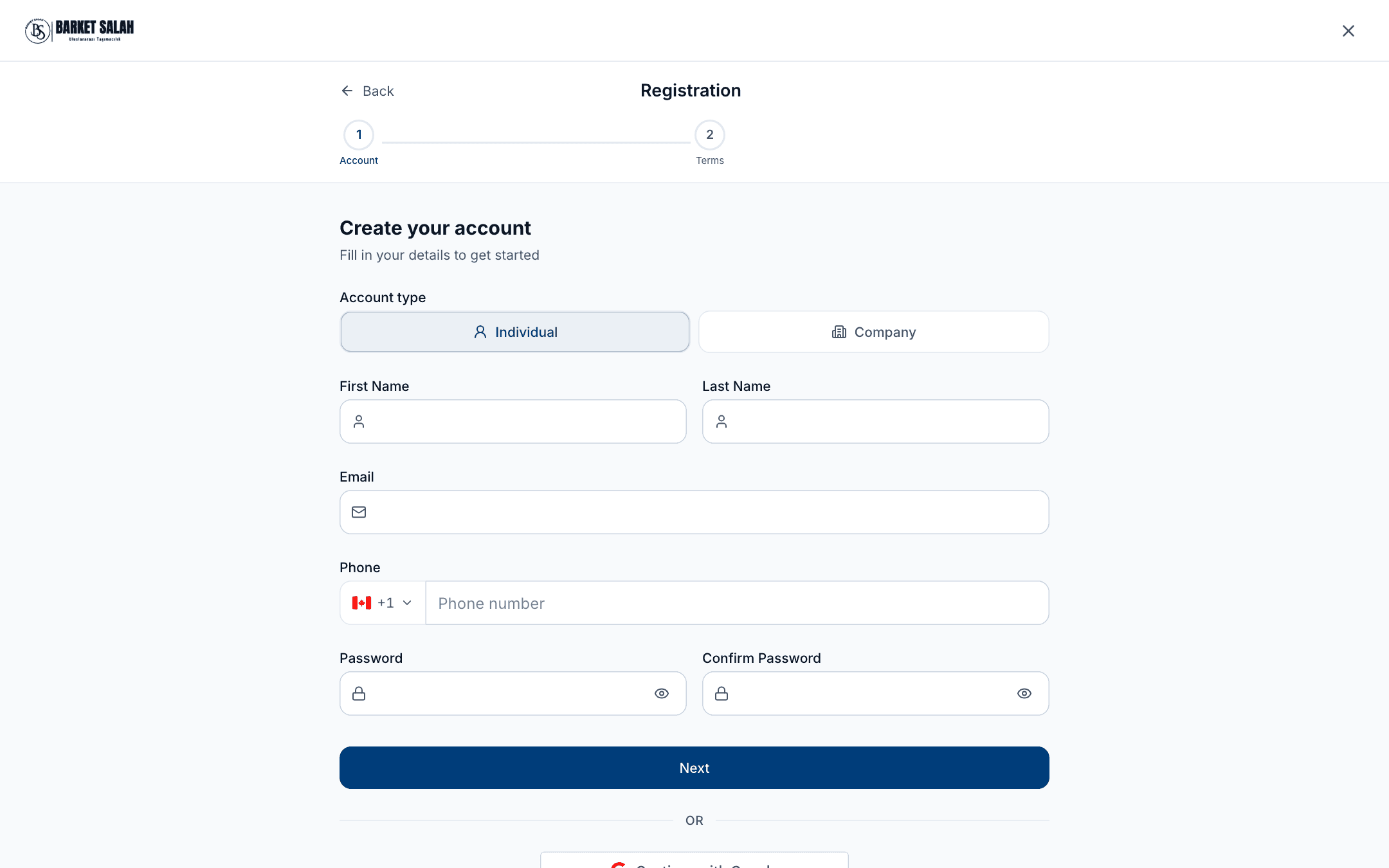 Step one of the registration form: the account type choice, first and last name, email, phone and password fields, and the Next button.