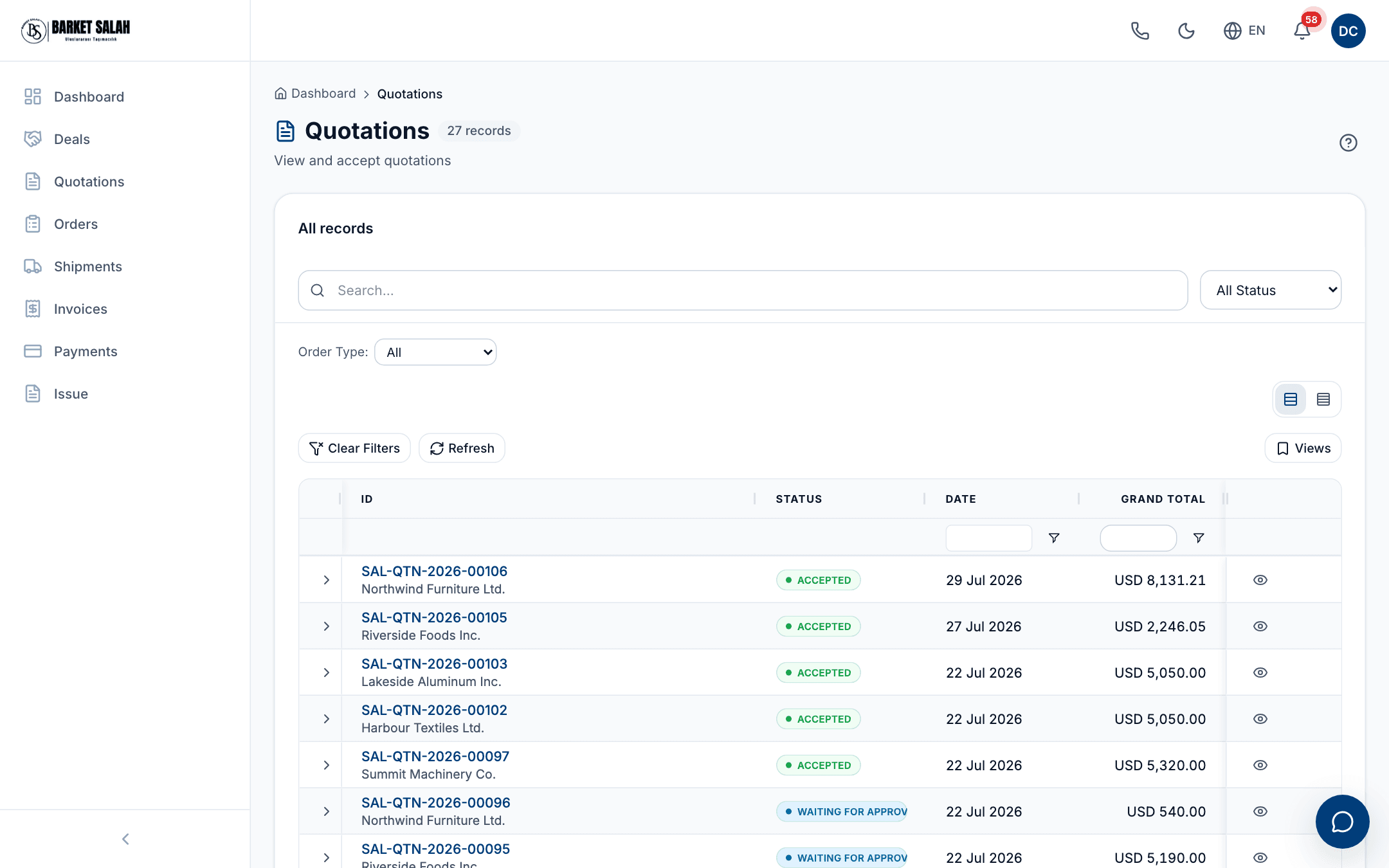 The list of offers sent to you: the count badge, the search box, the status filter and the number, status, date and grand total columns.