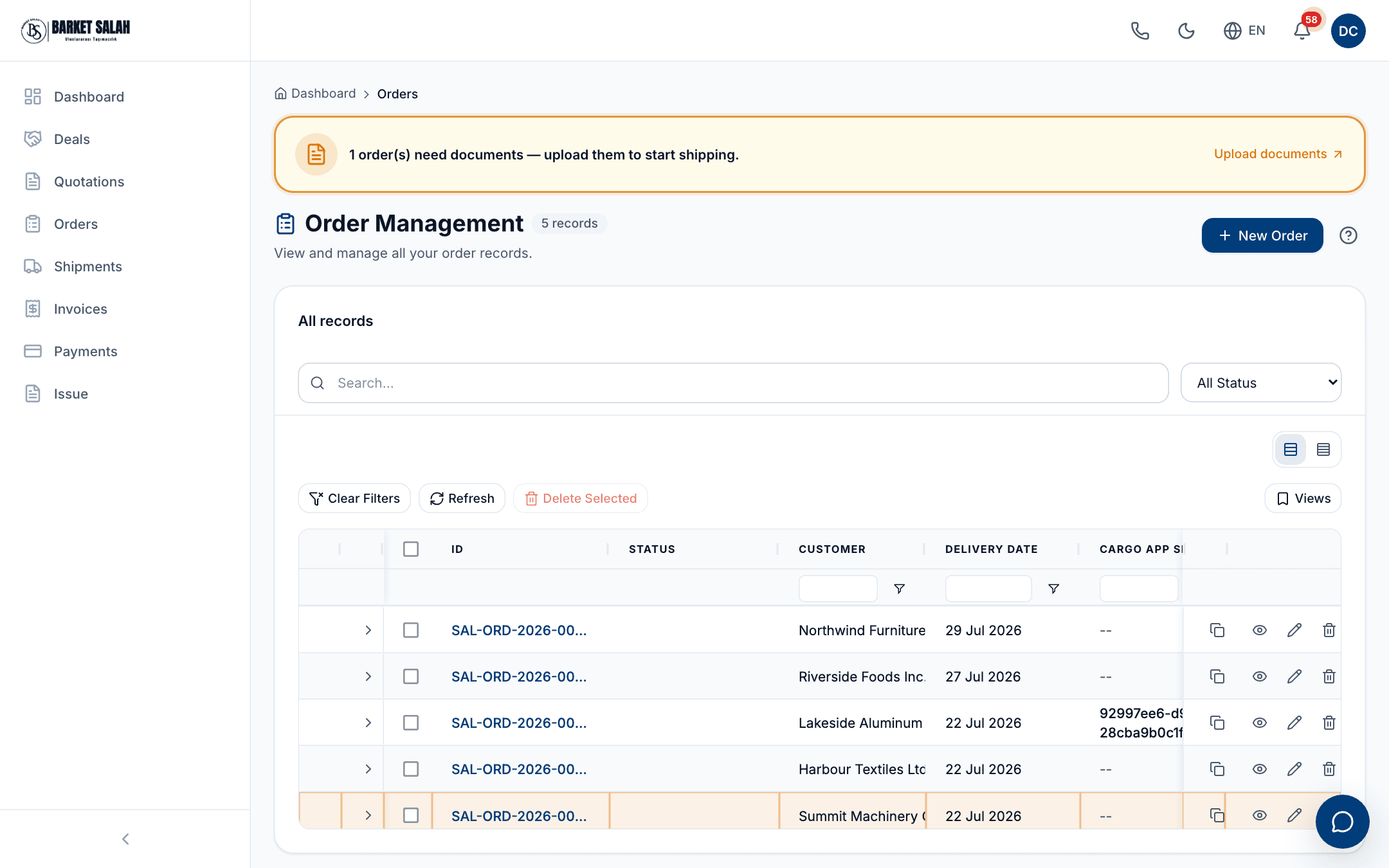 The order list: a warning bar for orders still missing documents, the New Order button, the search box, the status filter and the order table.