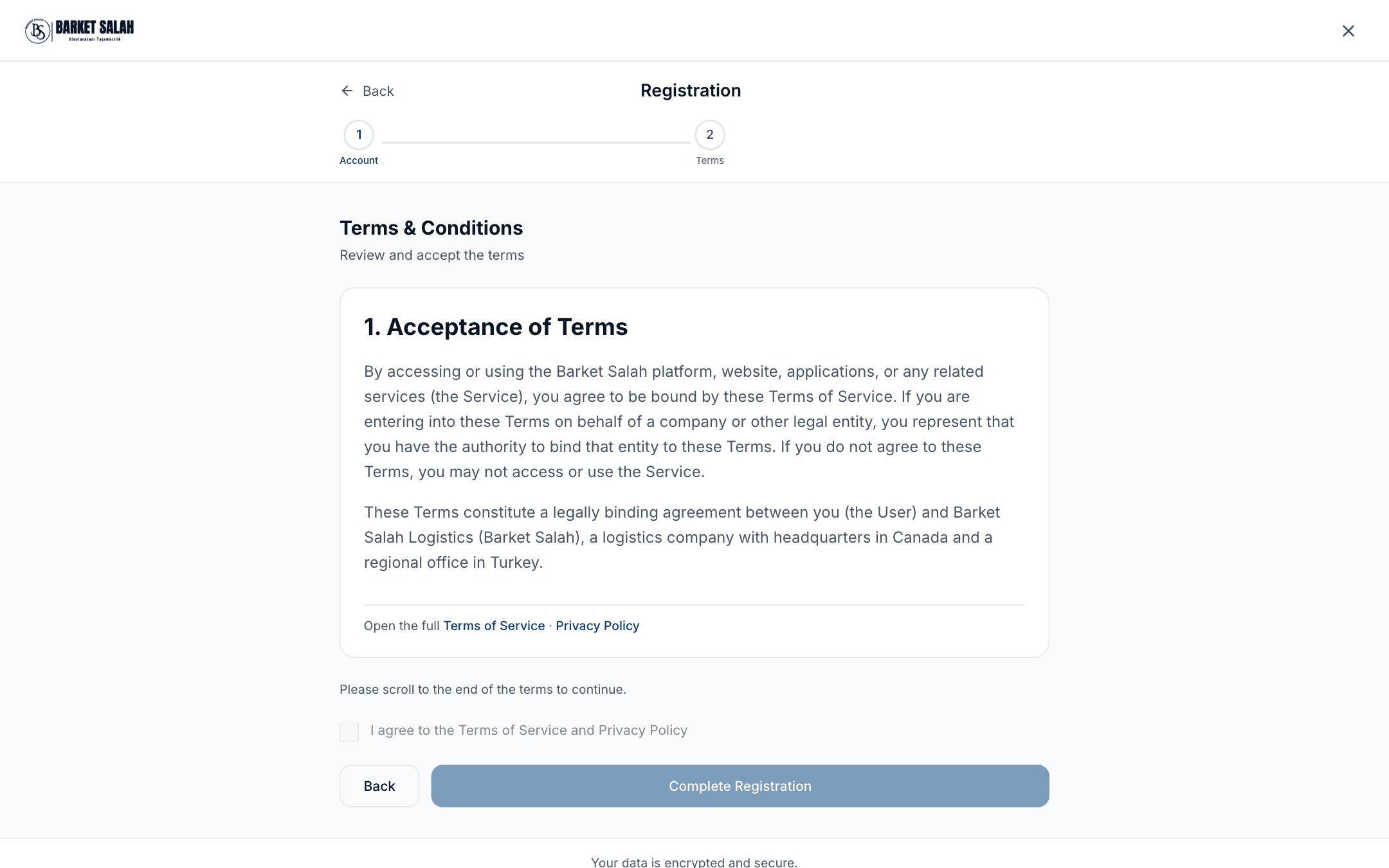 Step two of the registration form: the terms text box, the scroll warning, the still-disabled checkbox and the Complete Registration button.
